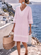 Striped Printed Pockets Contrast Color Loose Half Sleeves V-neck Midi Dresses