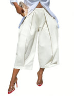 Solid Color Pockets Pleated Wide Leg Loose Pants