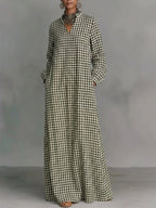 Pockets Plain Contrast Color Puff Sleeves Loose V-neck Maxi Dresses