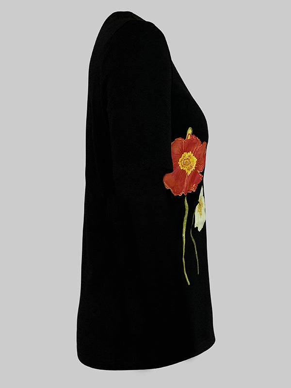 Short Sleeves Skinny Floral Printed Split-Joint Round-Neck T-Shirts
