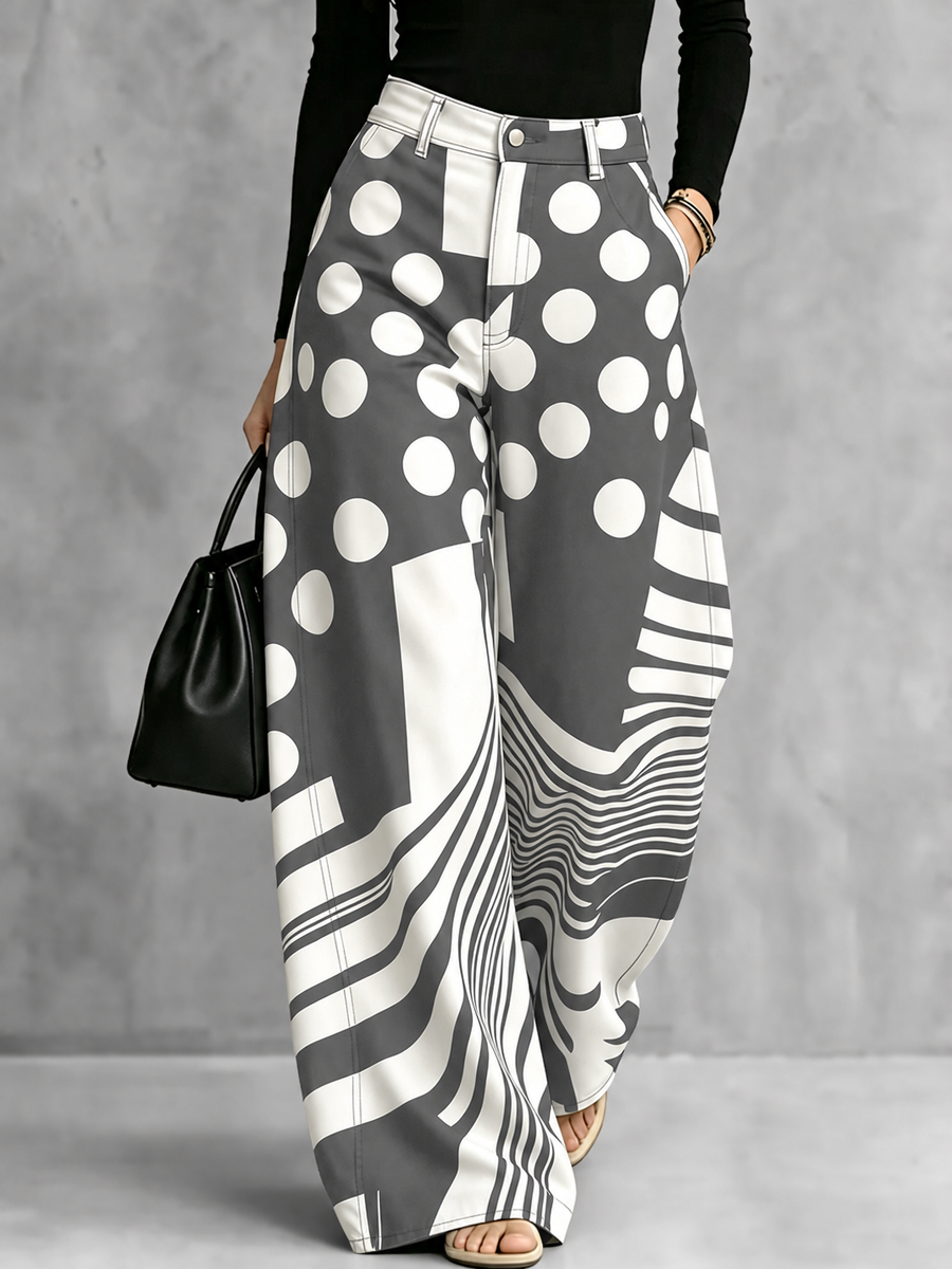 Zipper Striped Polka-Dot Pockets Contrast Color Buttoned Wide Leg Loose Trousers Pants