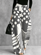 Zipper Striped Polka-Dot Pockets Contrast Color Buttoned Wide Leg Loose Trousers Pants
