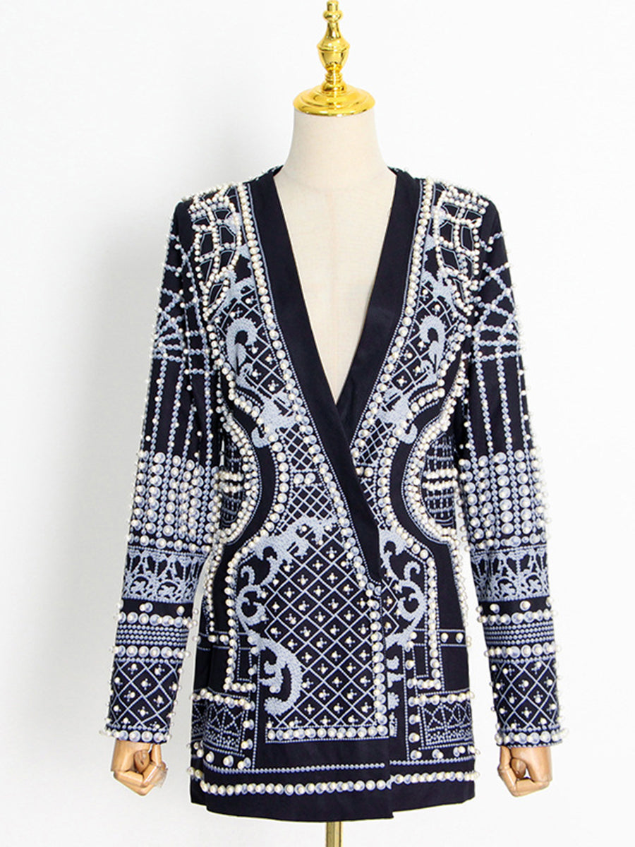 Long Sleeves Loose Beads Printed V-Neck Blazer Outerwear(Size is larger than normal.)