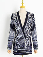 Long Sleeves Loose Beads Printed V-Neck Blazer Outerwear(Size is larger than normal.)