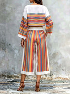 Striped Contrast Color Colorful Long Sleeves Flared Sleeves Round-neck Blouses&shirts Tops