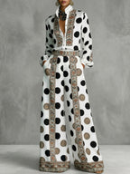 Long Sleeves Loose Buttoned Contrast Color Polka Dot Printed Stand Collar Blouses&Shirts Tops