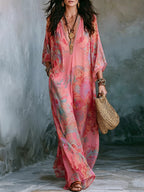 Printed Pockets Loose Contrast Color Plus Size V-neck Maxi Dresses