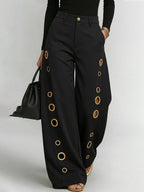 High Waisted Wide Leg Buttoned Hollow Pockets Solid Color Split-Joint Pants Trousers