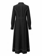 Zipper Split-Joint Pockets Pleated Contrast Color Long Sleeves High Waisted Mock Neck Maxi Dresses