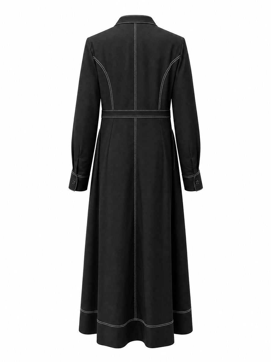 Zipper Split-Joint Pockets Pleated Contrast Color Long Sleeves High Waisted Mock Neck Maxi Dresses