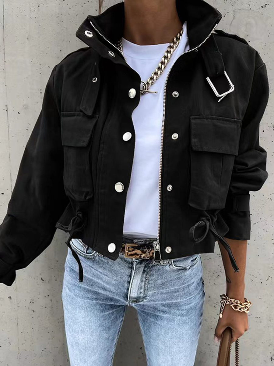 Long Sleeves Loose Buttoned Drawstring Pockets Printed Split-Joint Zipper Stand Collar Jackets Outerwear