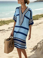 Half Sleeves Loose Contrast Color Split-Joint V-Neck Midi Dresses