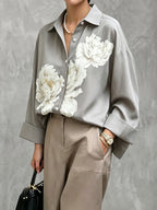 Flower Print Buttoned Loose Long Sleeves Lapel Blouses&shirts Tops