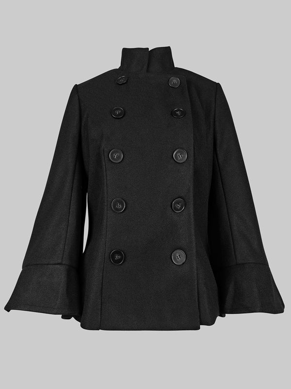 Flared Buttoned Solid Color High Neck Jackets&Coats Outerwear Woolen Coat