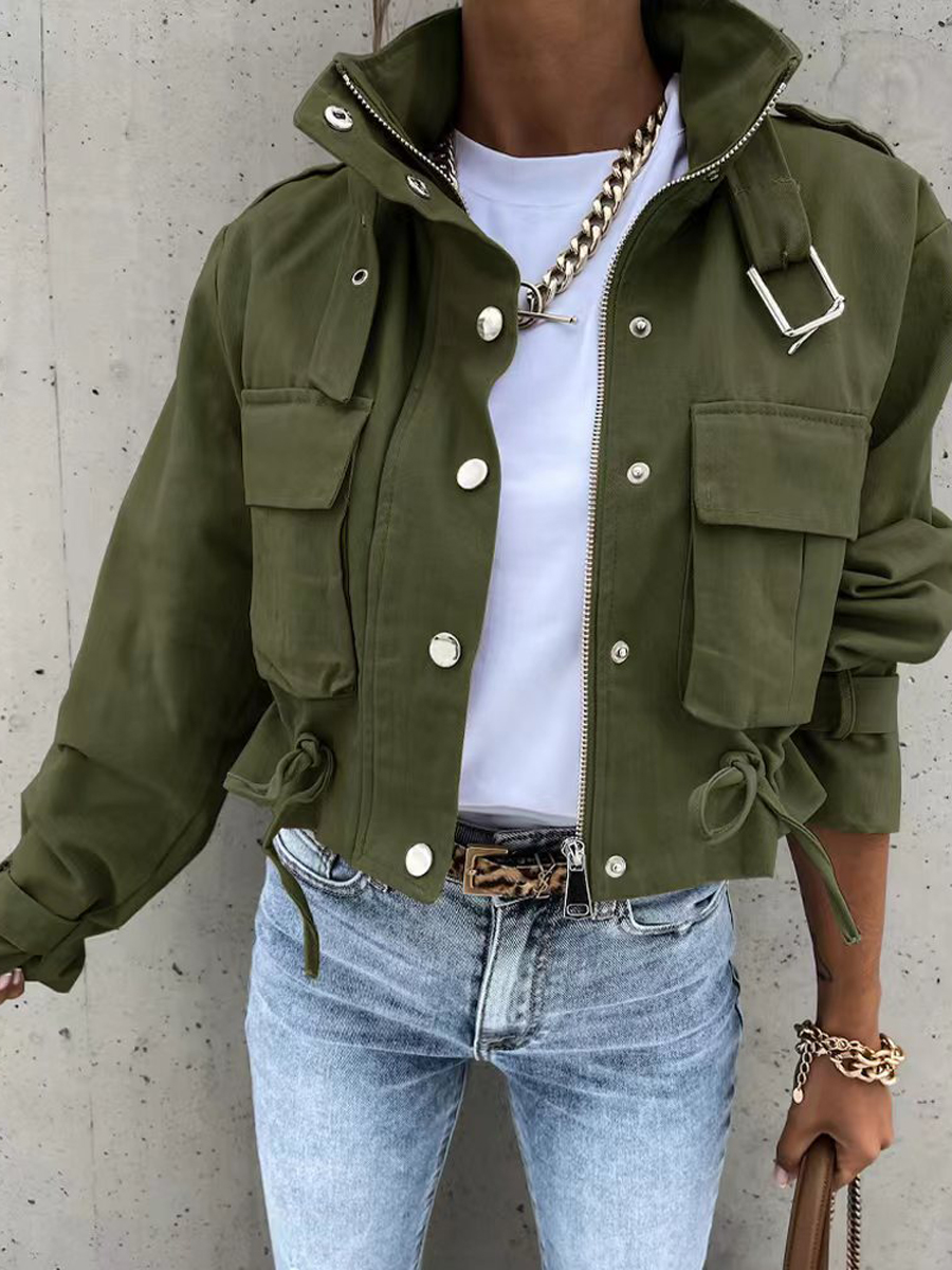 Long Sleeves Loose Buttoned Drawstring Pockets Printed Split-Joint Zipper Stand Collar Jackets Outerwear