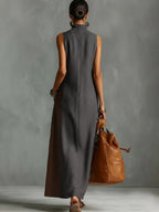 Loose Sleeveless Asymmetric Contrast Color Pockets Split-Joint Mock Neck Maxi Dresses