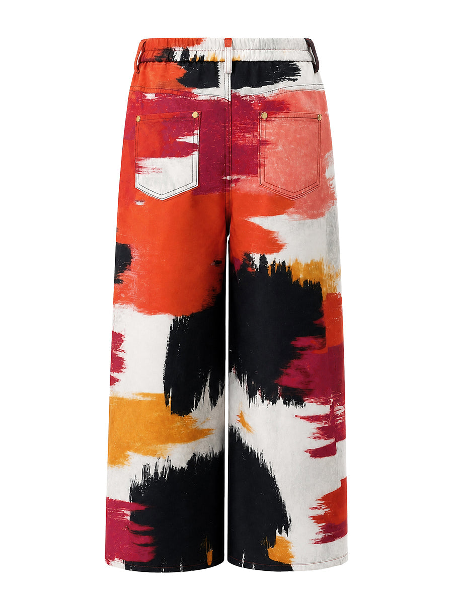 Printed Pockets Hollow Contrast Color Wide Leg High Waisted Trousers Pants