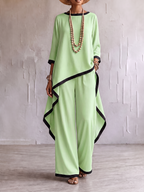 Loose Contrast Color Split-Joint Round-neck High-low Asymmetric Blouses&shirts Tops + Pockets Pants Trousers Two Pieces Set