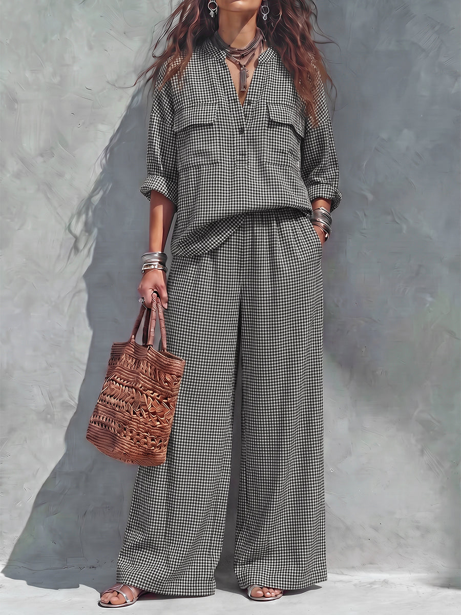 Pockets Plaid Contrast Color Buttoned Three-quarter Sleeves Loose V-neck Blouses&shirts Tops