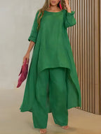 Asymmetric Solid Color High Waist High-Low Round-Neck Tops + Wide Leg Pants Bottoms Two Pieces Set