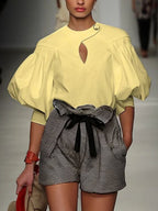 Split-Joint Solid Color Hollow Buttoned Puff Sleeves Half Sleeves Round-neck Blouses&shirts Tops