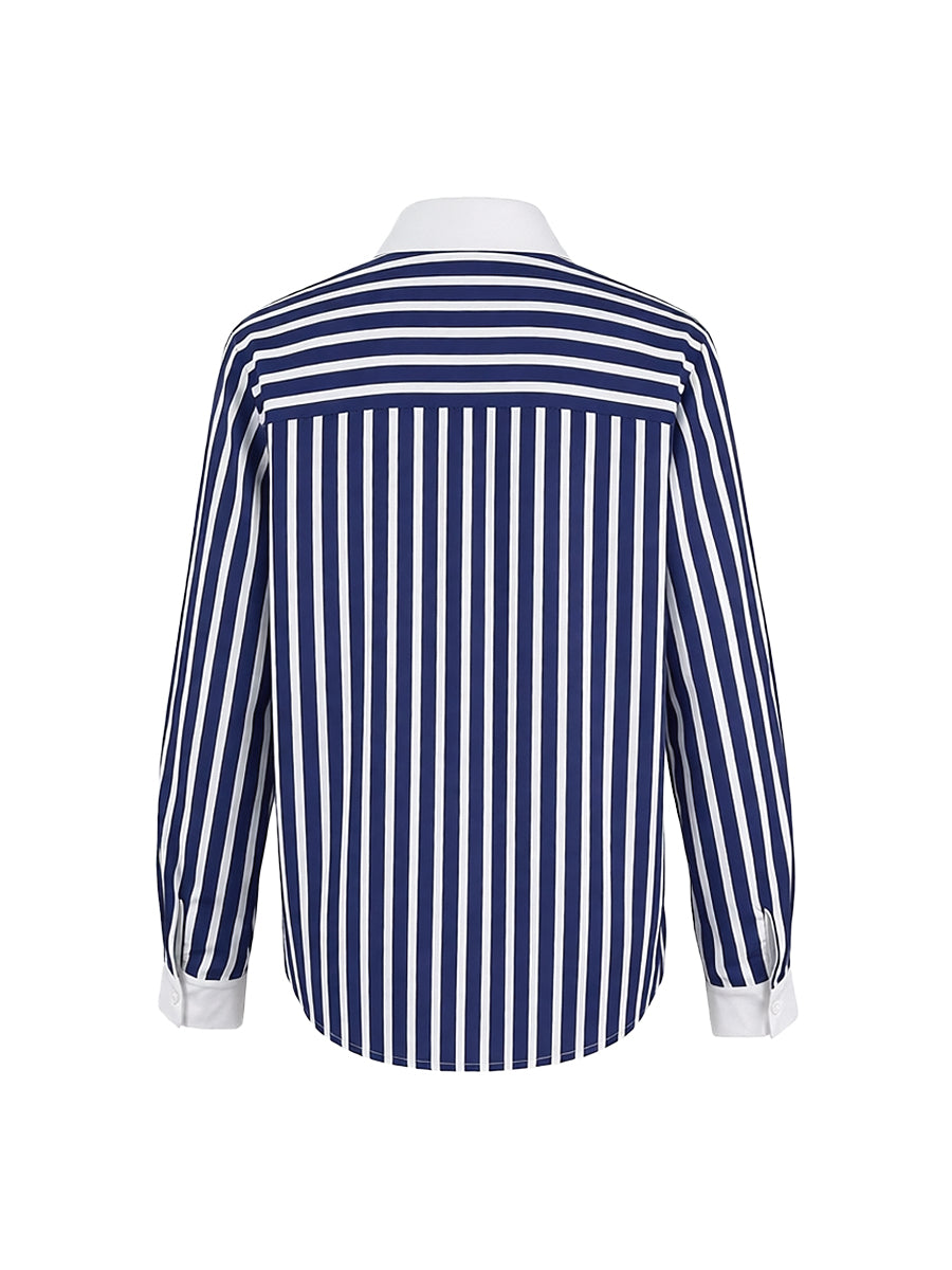 Long Sleeves Buttoned Contrast Color Striped Lapel Blouses&Shirts Tops