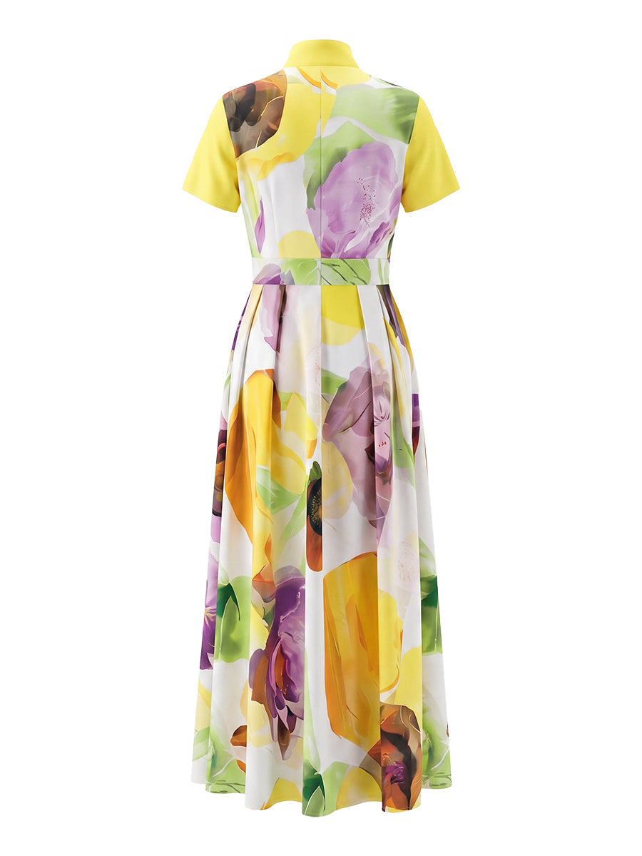 A-Line Loose Pleated Pockets Printed Zipper Stand Collar Maxi Dresses