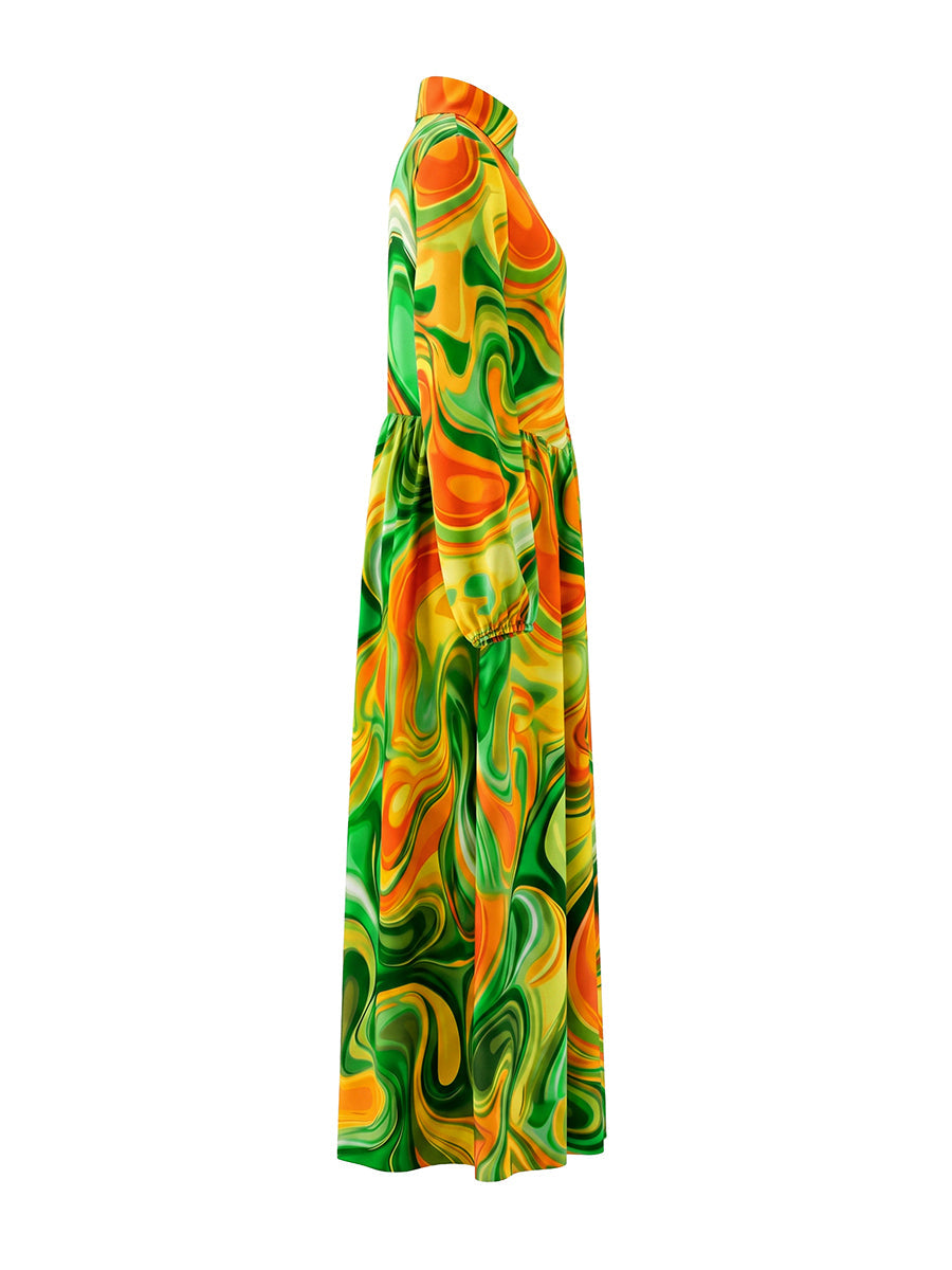 Printed Pockets Pleated Contrast Color Loose Long Sleeves Stand Collar Maxi Dresses