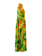 Printed Pockets Pleated Contrast Color Loose Long Sleeves Stand Collar Maxi Dresses