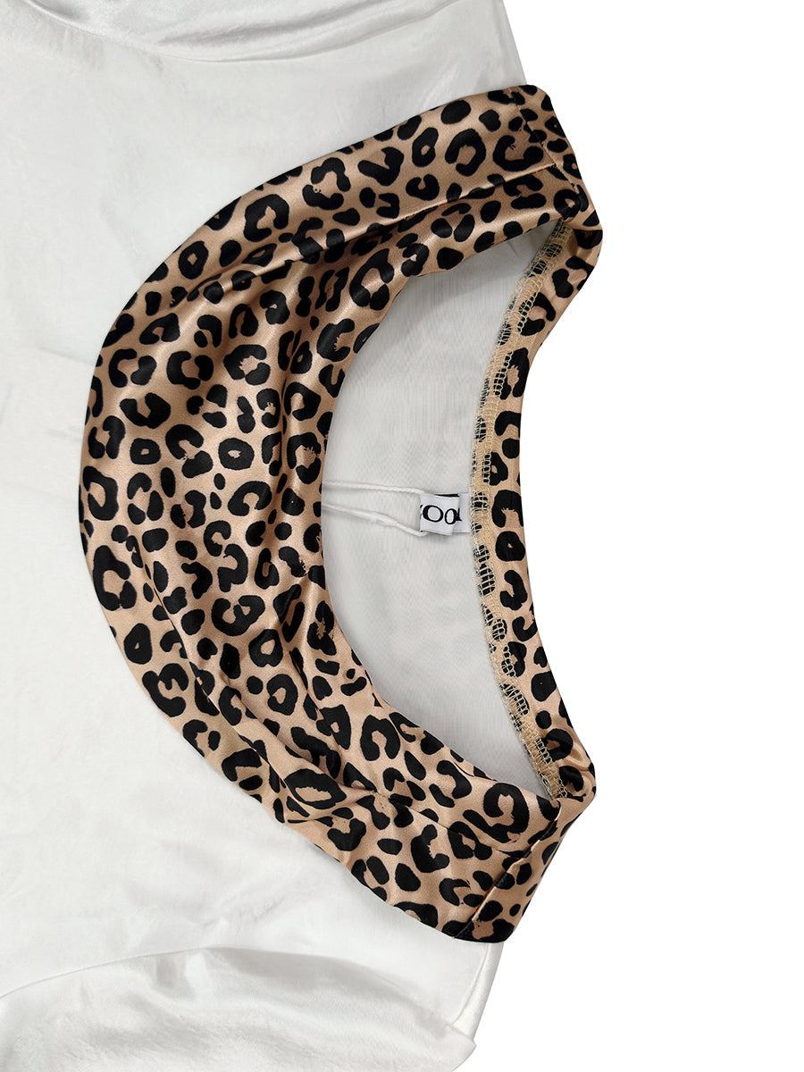 Split-Joint Leopard Contrast Color Three-quarter Sleeves Loose Heaps Collar Blouses&shirts Tops