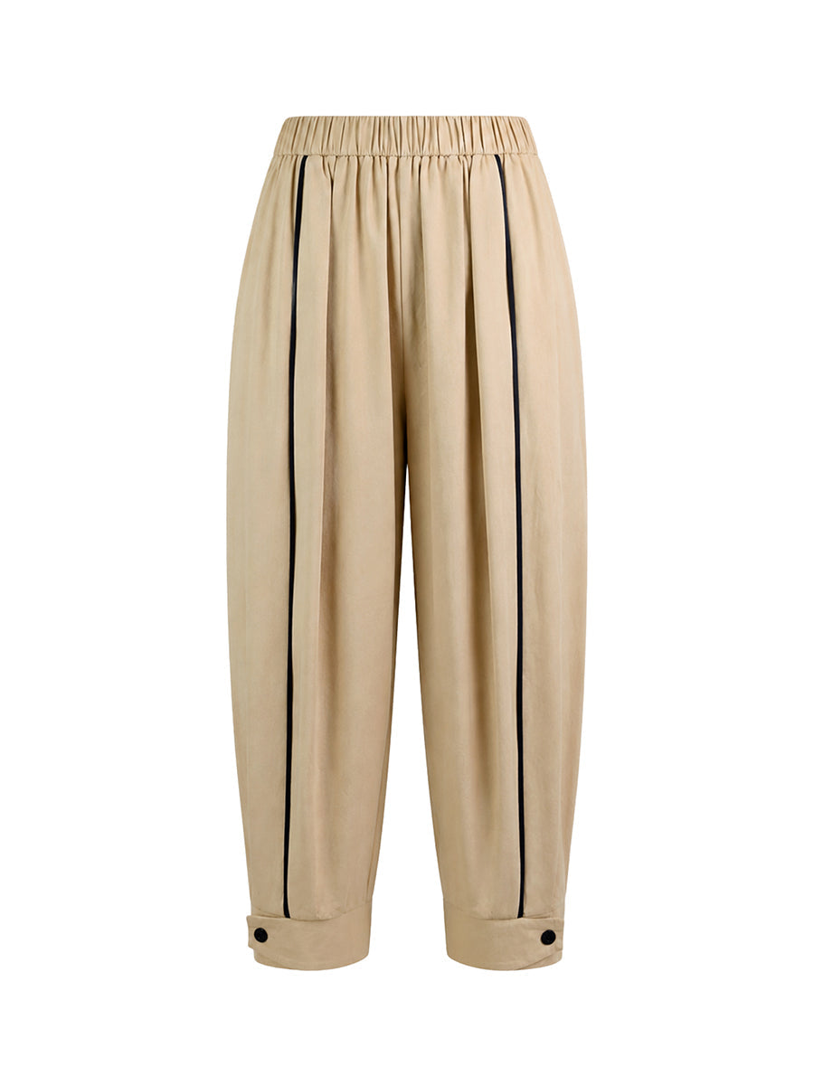 Solid Color Pockets Elasticity Buttoned Wide Leg Cropped Trousers Pants