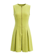 A-Line Sleeveless Pleated Pockets Solid Color Zipper Round-Neck Mini Dresses