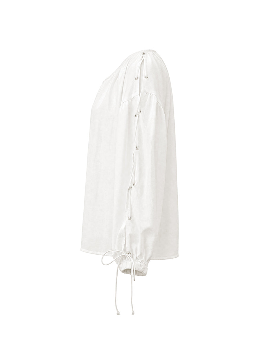 Split-Joint Solid Color Pleated Hollow Drawstring Loose Long Sleeves Cold shoulder Blouses&shirts Tops