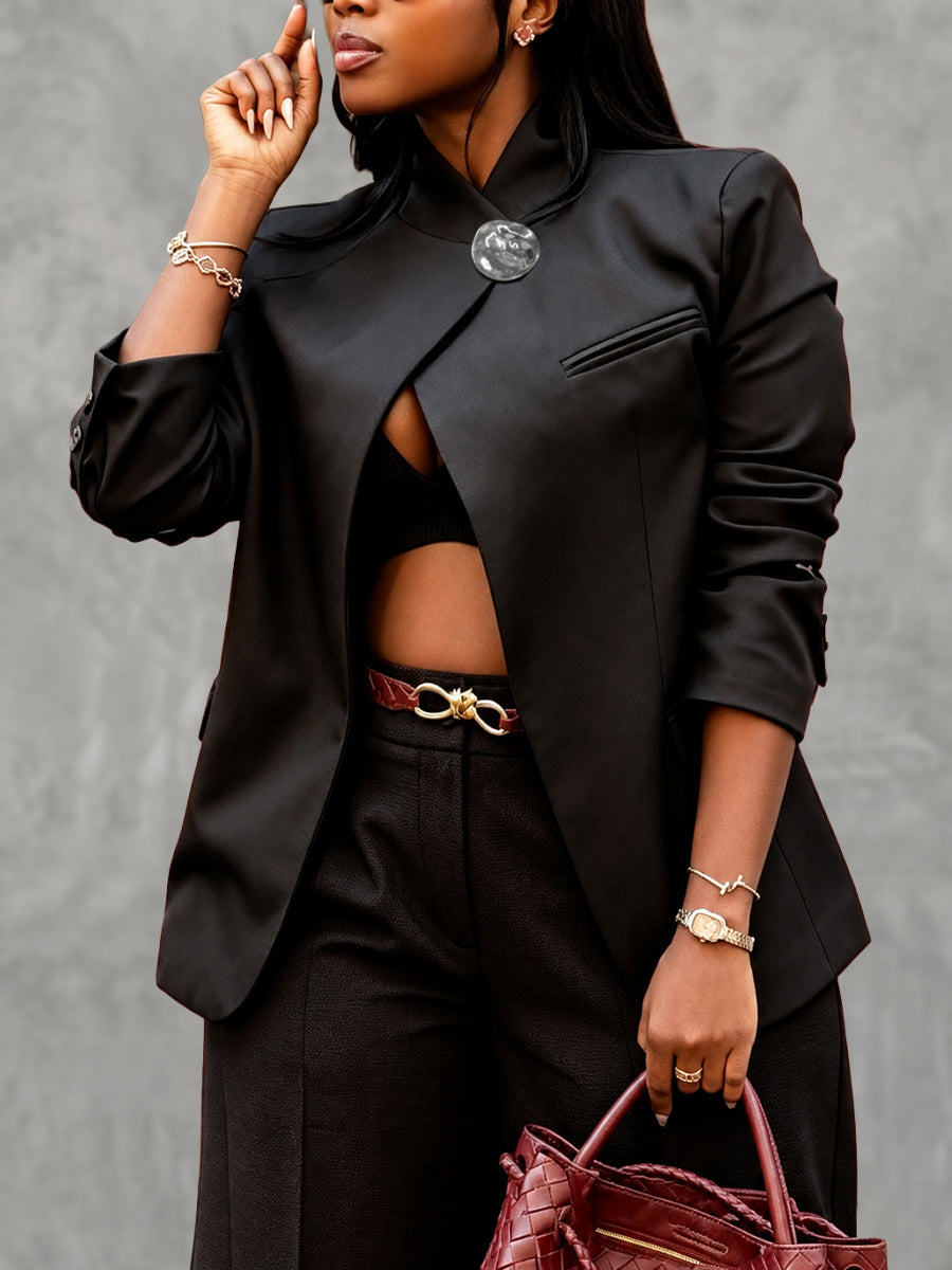 Solid Color Buttoned Asymmetric Three-quarter Sleeves Stand Collar Outerwear