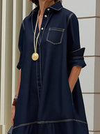 Long Sleeves Loose Buttoned Pockets Solid Color Lapel Midi Dresses