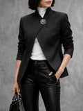 Solid Color Buttoned Asymmetric Three-quarter Sleeves Stand Collar Outerwear