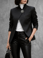 Solid Color Buttoned Asymmetric Three-quarter Sleeves Stand Collar Outerwear