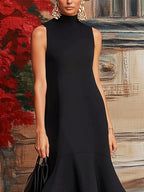 Loose Sleeveless Contrast Color Split-Joint Tiered High Neck Evening Dresses Midi Dresses