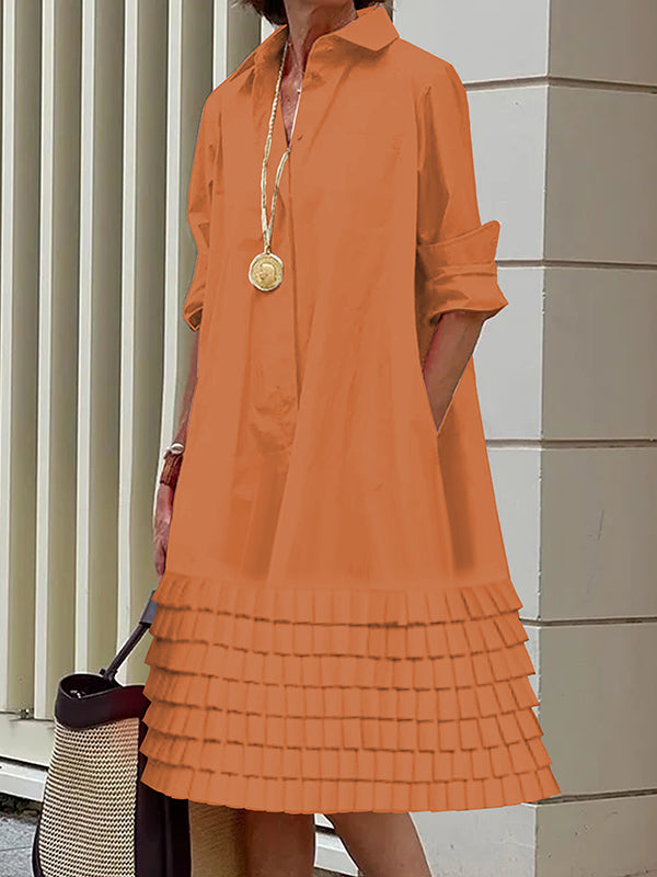 A-Line Long Sleeves Layered Pleated Pockets Solid Color Split-Joint Lapel Midi Dresses Shirt Dress