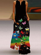 Loose Plus Size Contrast Color Pockets Printed V-Neck Maxi Dresses