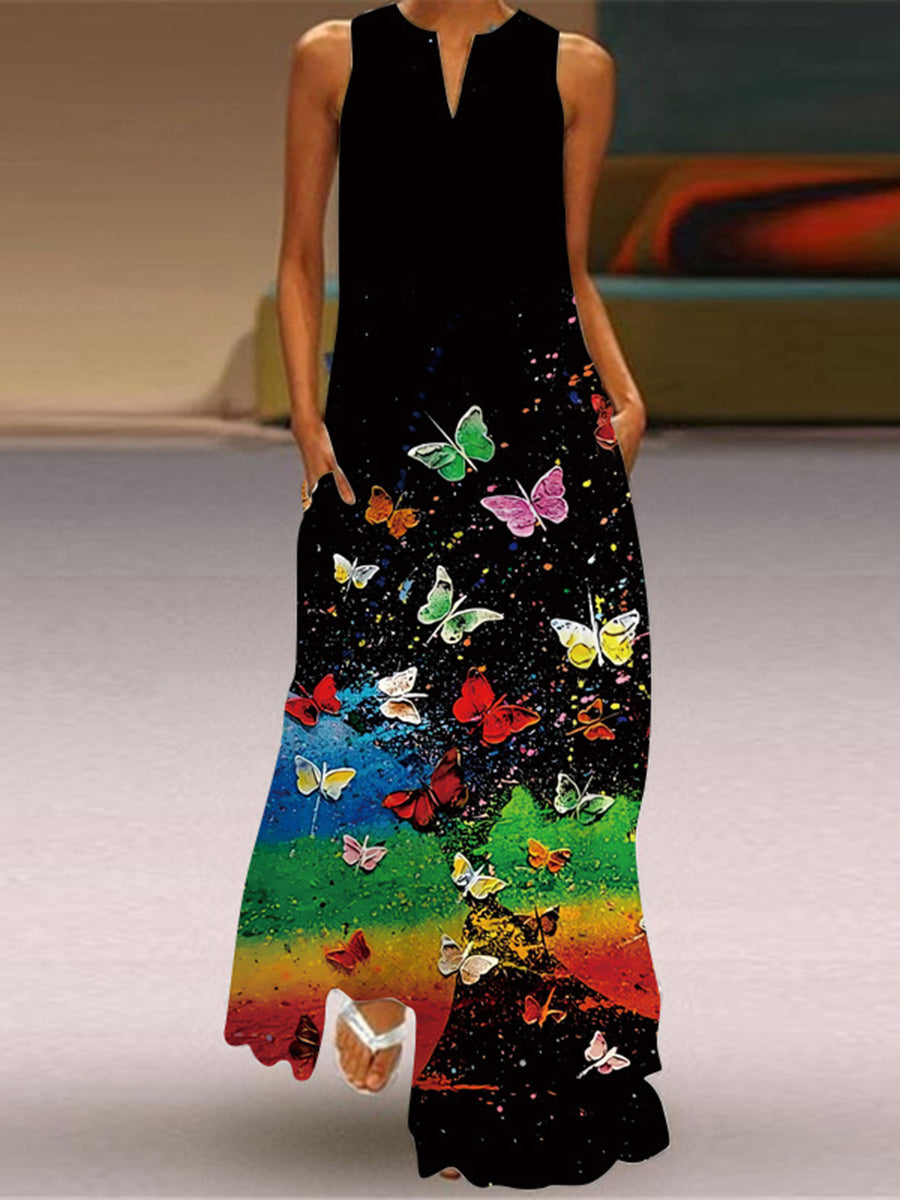 Loose Plus Size Contrast Color Pockets Printed V-Neck Maxi Dresses