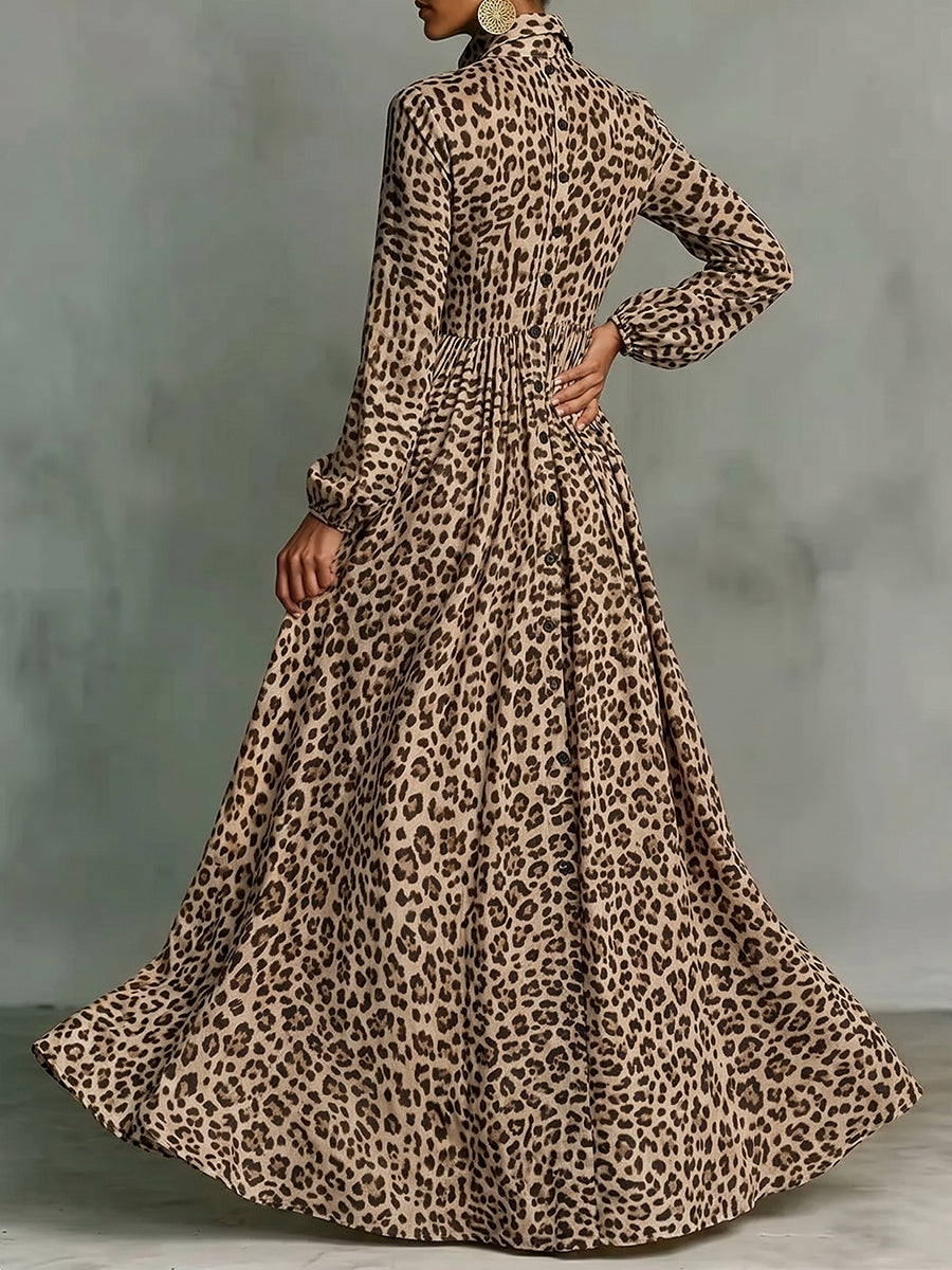 Pockets Pleated Leopard Contrast Color Buttoned Long Sleeves A-Line Lapel Maxi Dresses