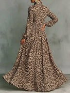 Pockets Pleated Leopard Contrast Color Buttoned Long Sleeves A-Line Lapel Maxi Dresses