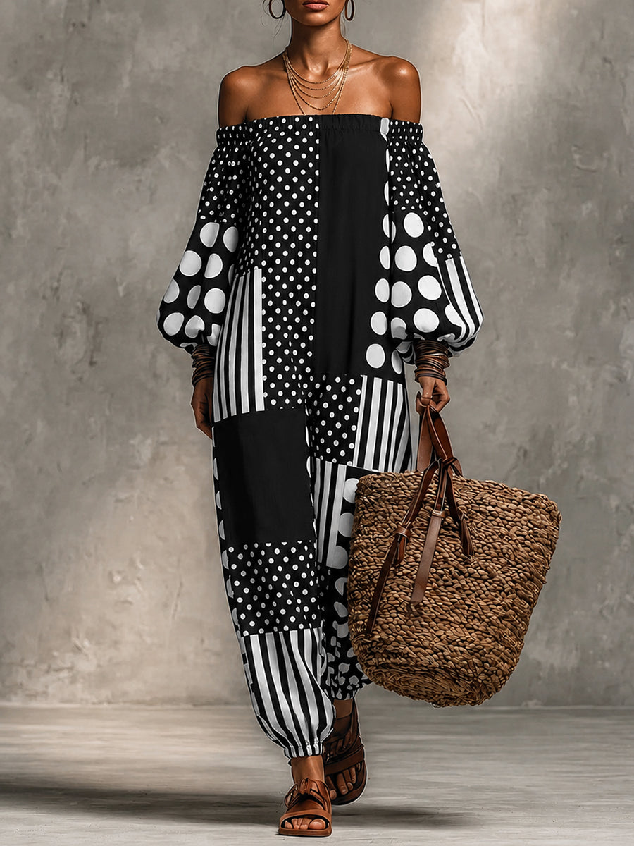 Long Sleeves Puff Sleeves Contrast Color Elasticity Polka Dot Split-Joint Striped Off-The-Shoulder Jumpsuits