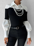Long Sleeves Loose Buttoned Contrast Color Pleated Split-Joint Lapel Blouses&Shirts Tops