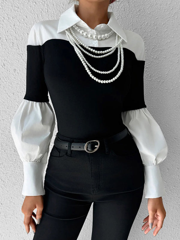 Long Sleeves Loose Buttoned Contrast Color Pleated Split-Joint Lapel Blouses&Shirts Tops