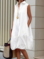 Loose Sleeveless Buttoned Solid Color Lapel Midi Dresses Shirt Dress