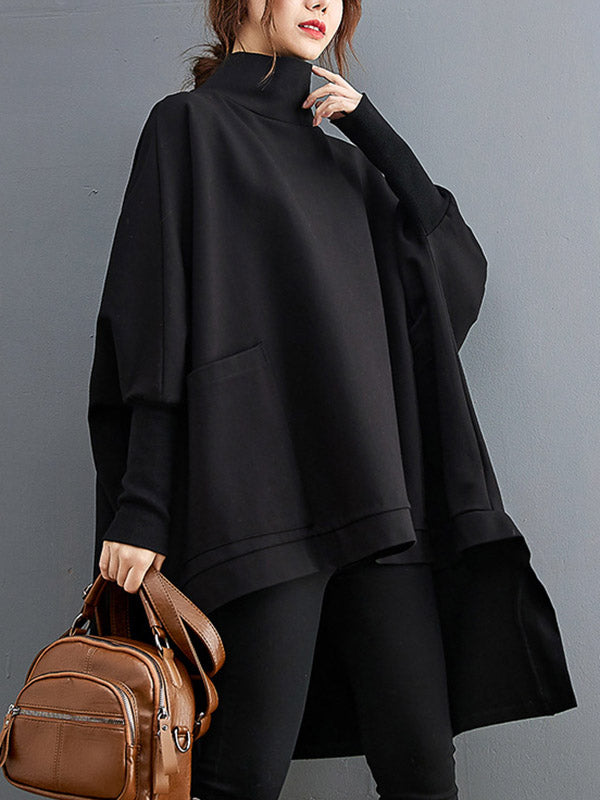 Urban Solid Color High-Neck High-Low Sweatshirt Top