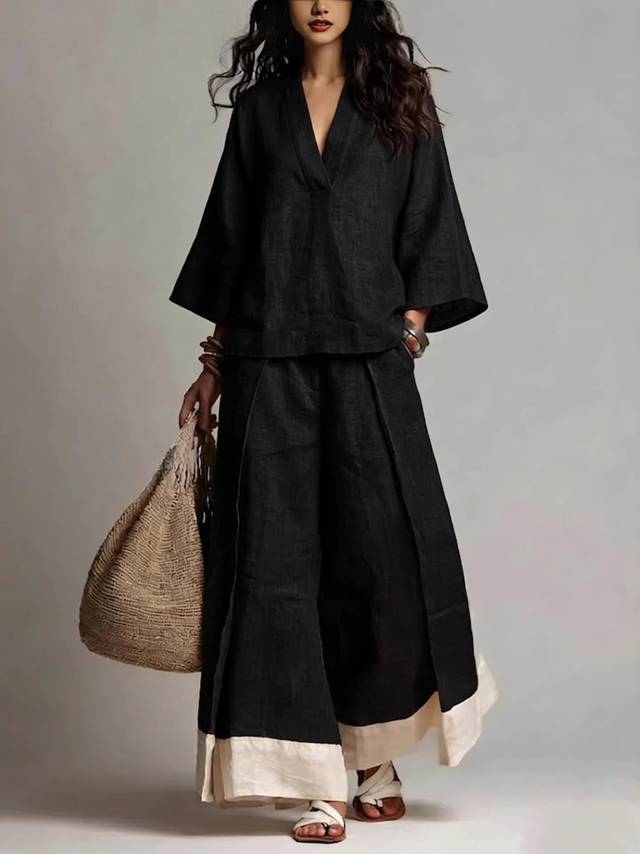 Loose Plus Size Contrast Color Pleated Pockets V-Neck Two Pieces Set