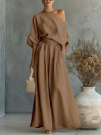 Loose Solid Color One-Shoulder Blouses&Shirts Tops + High Waisted Pleated Pockets Pants Trousers Two Pieces Set
